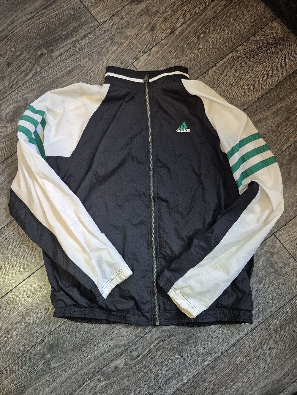 Vintage Adidas 90'S Black Jacket with White Sleeves and Green Accents